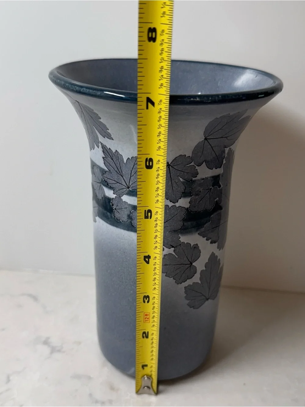 Blue Ceramic Vase with Leaf Motif by Wizard of Clay